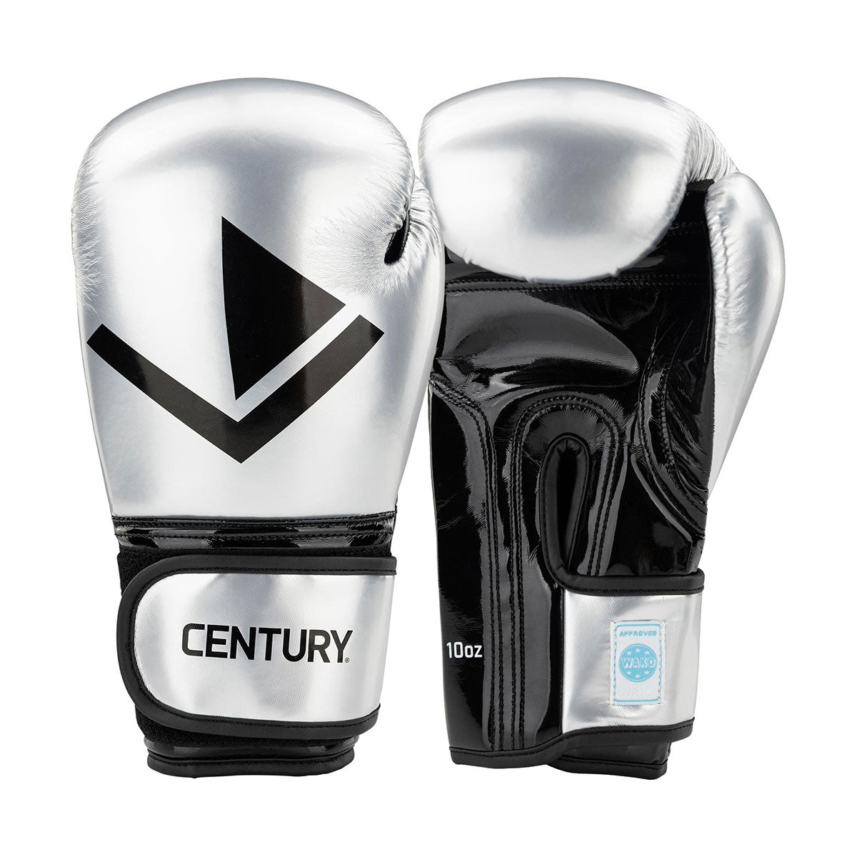 Kickboxing gloves, silver with black V emblem and Century wrist logo
