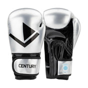 Kickboxing gloves, silver with black V emblem and Century wrist logo