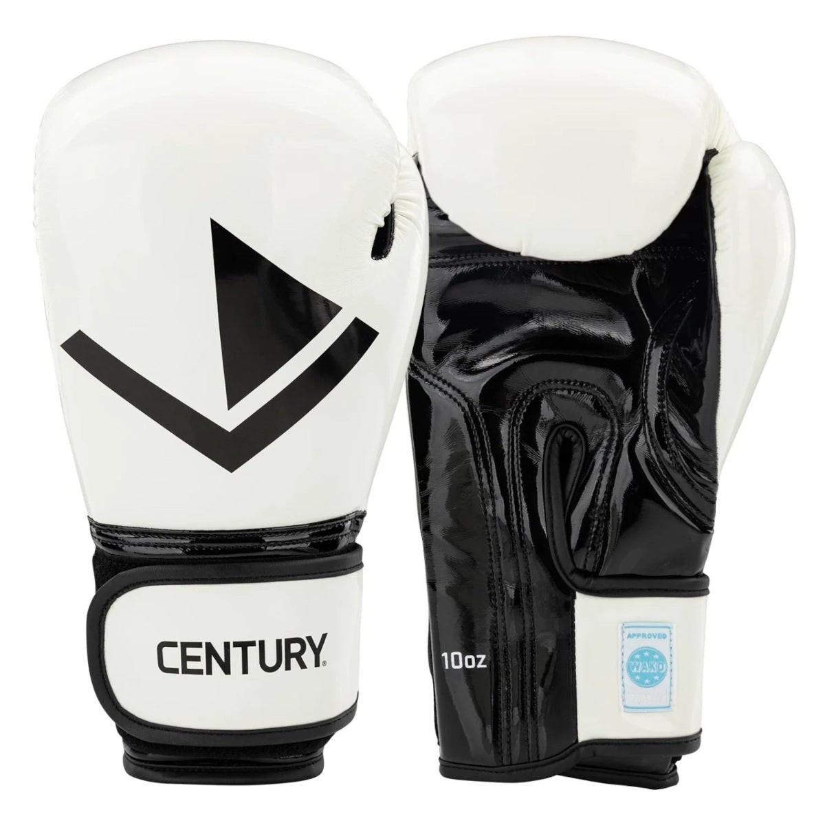 White kickboxing gloves with black wrist strap and Century logo
