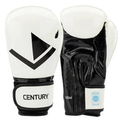 White kickboxing gloves with black wrist strap and Century logo