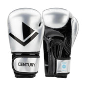 Pair of silver-white and black Valor kickboxing gloves with white logo and Century branding