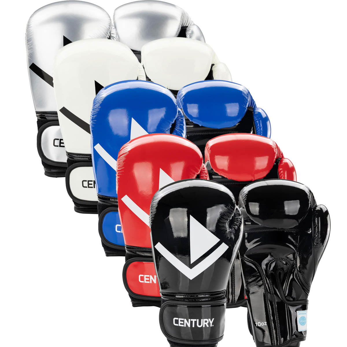 Assorted set of Valor kickboxing gloves in black, red, blue, and white colors