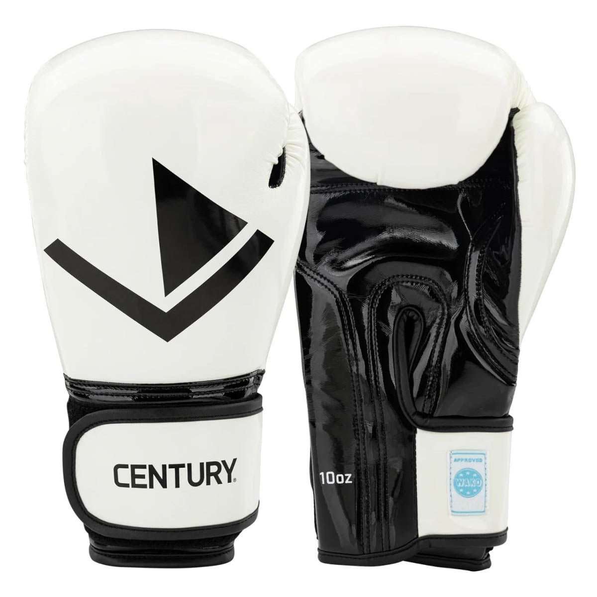 Kickboxing gloves, white with black V emblem and Century wrist logo