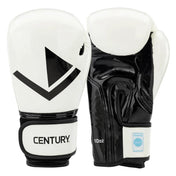 Kickboxing gloves, white with black V emblem and Century wrist logo