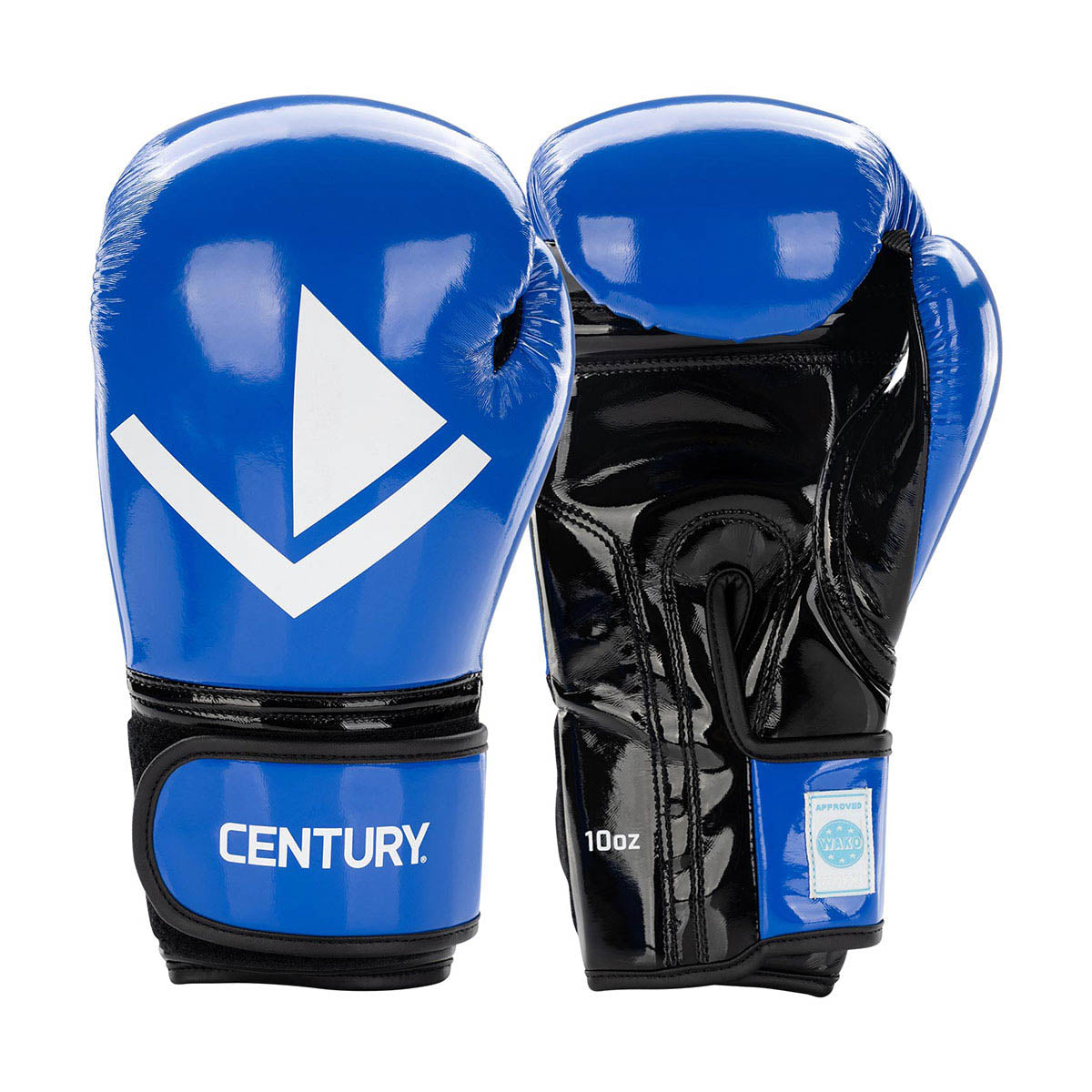 Pair of blue Valor kickboxing gloves with white logo and Century branding on wrist