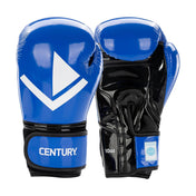 Pair of blue Valor kickboxing gloves with white logo and Century branding on wrist