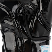 Kickboxing gloves, black glossy palm with stitched knuckle panel and strap