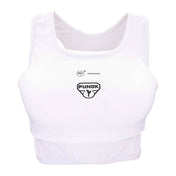 White sleeveless chest guard with WKF padding, Punok emblem and approved mark.