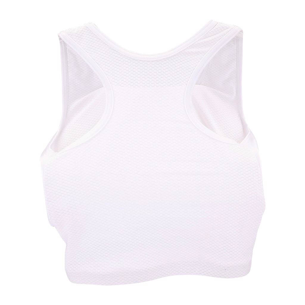 White breathable mesh chest guard with molded padding and open shoulder cutouts.