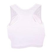 White breathable mesh chest guard with molded padding and open shoulder cutouts.