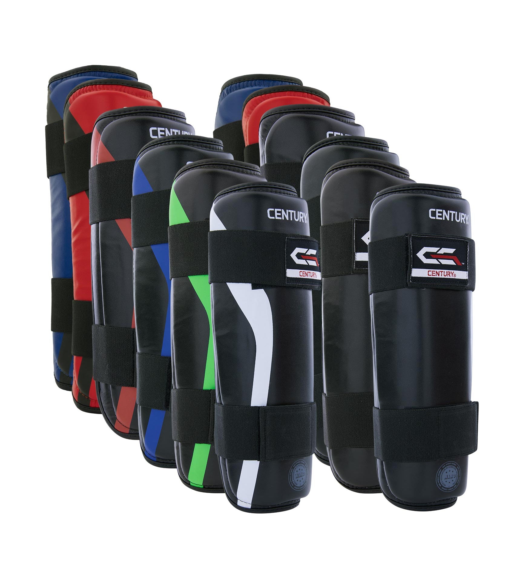 C-Gear determination shin guards with padded front shells, mixed black and colored trims