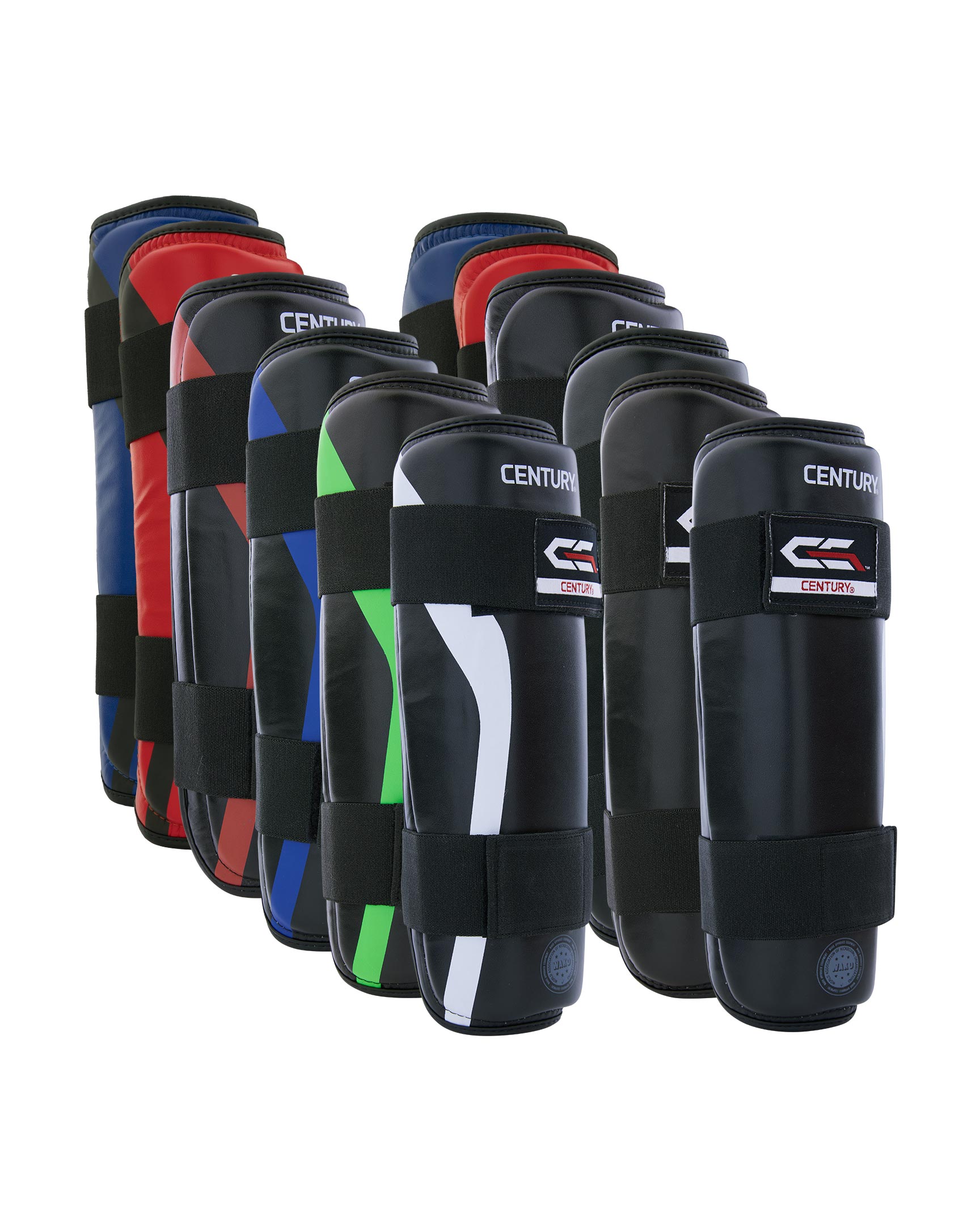 C-Gear determination shin guards with padded front shells, mixed black and colored trims