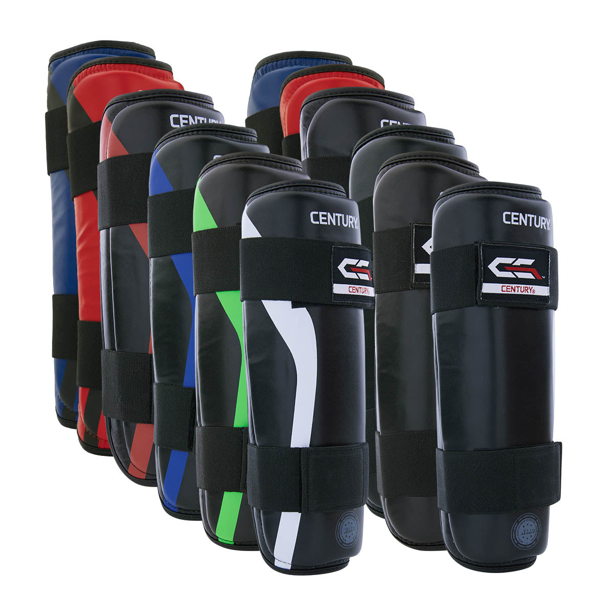 Boxing shin guards set with multiple pairs and hook-and-loop straps, black finish