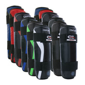 Boxing shin guards set with multiple pairs and hook-and-loop straps, black finish