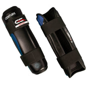 Pair of black boxing shin guards with blue side accents and interior padded panel