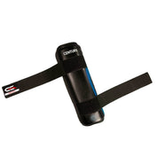 Black shin guards with blue accents and hook-and-loop straps, padded shell with logo patch.
