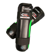 Pair of black shin guards with green side stripe and Century logo patches on straps.