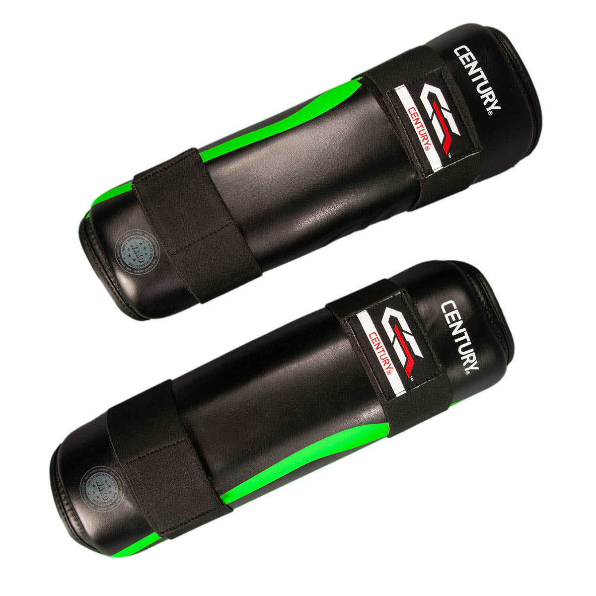 Two black shin guards with green stripe details, hook-and-loop wrap straps and logo panels.