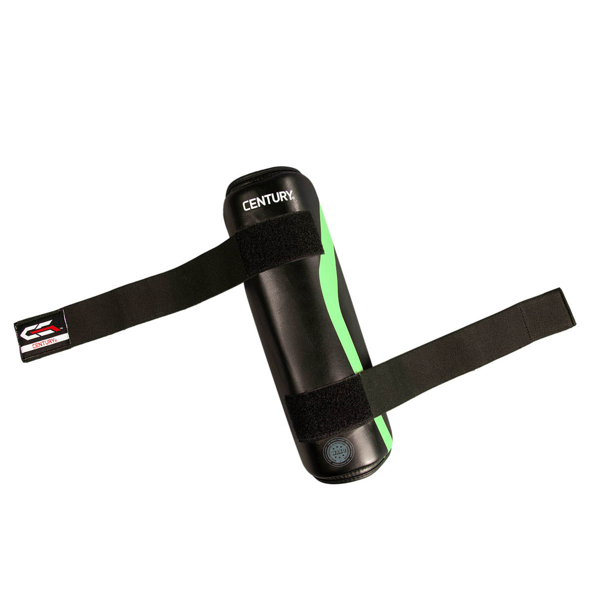 Black shin guard with green side stripe and wide hook-and-loop strap; padded protective shell.