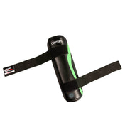 Black shin guard with green side stripe and wide hook-and-loop strap; padded protective shell.