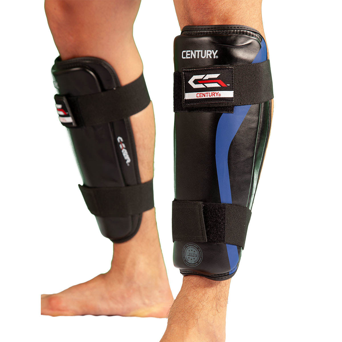 Black boxing shin guards with blue side panel and hook-and-loop strap on leg