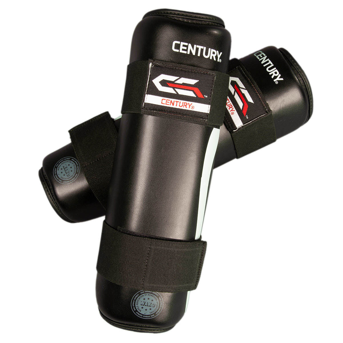 Pair of black shin guards with green side accents, Century logo patches, and wrap straps.