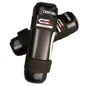Pair of black shin guards with green side accents, Century logo patches, and wrap straps.