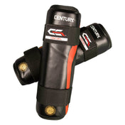 Black boxing shin guards with red side stripe and hook-and-loop strap, curved padding