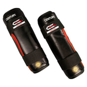 Pair of black boxing shin guards with red side stripes and wrist-style top strap