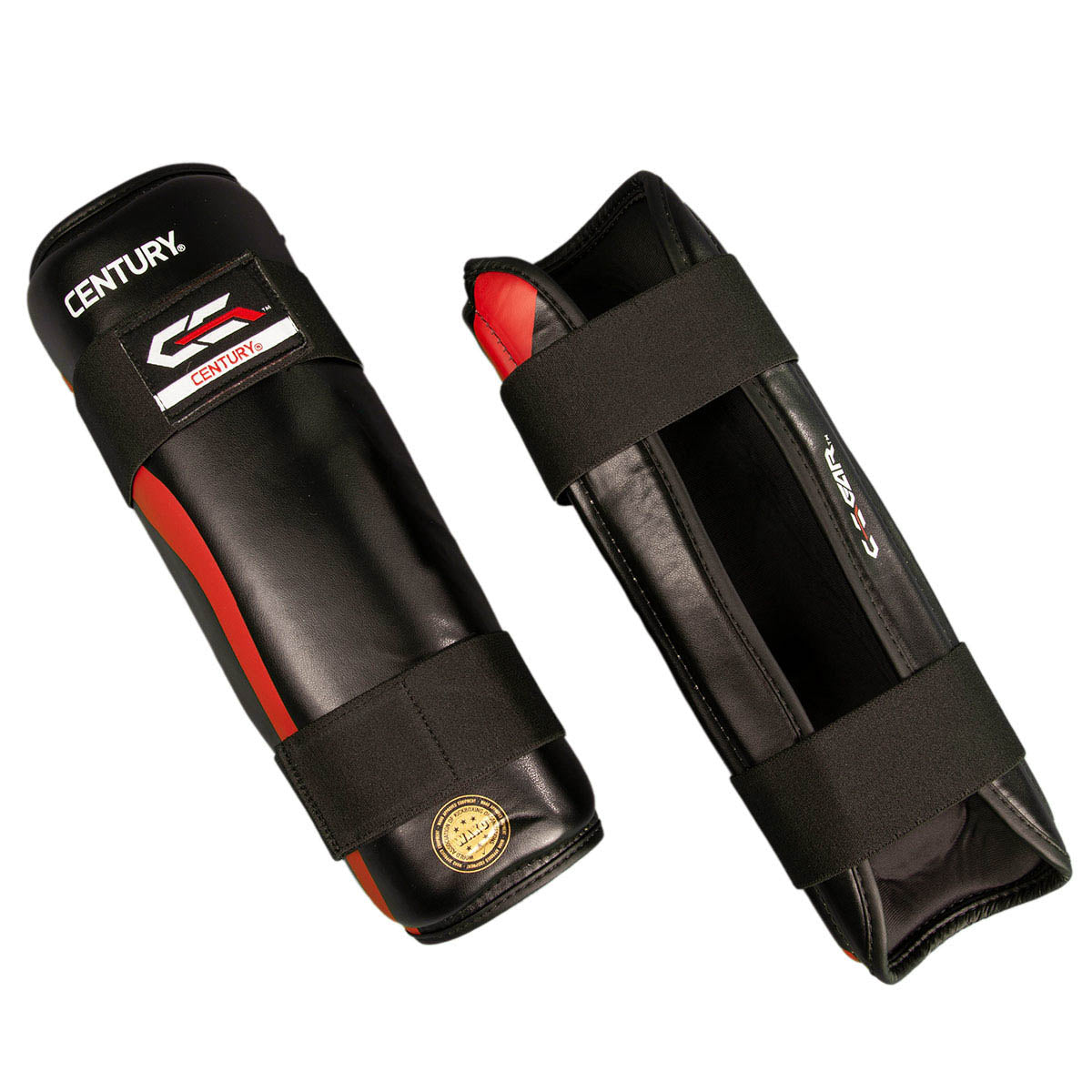 Pair of black boxing shin guards with red padding accent and hook-and-loop closure