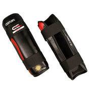 Pair of black boxing shin guards with red padding accent and hook-and-loop closure