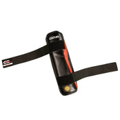 Single black boxing shin guard with red side stripe and wide hook-and-loop strap