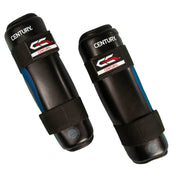 Pair of black boxing shin guards with blue side stripes and hook-and-loop straps