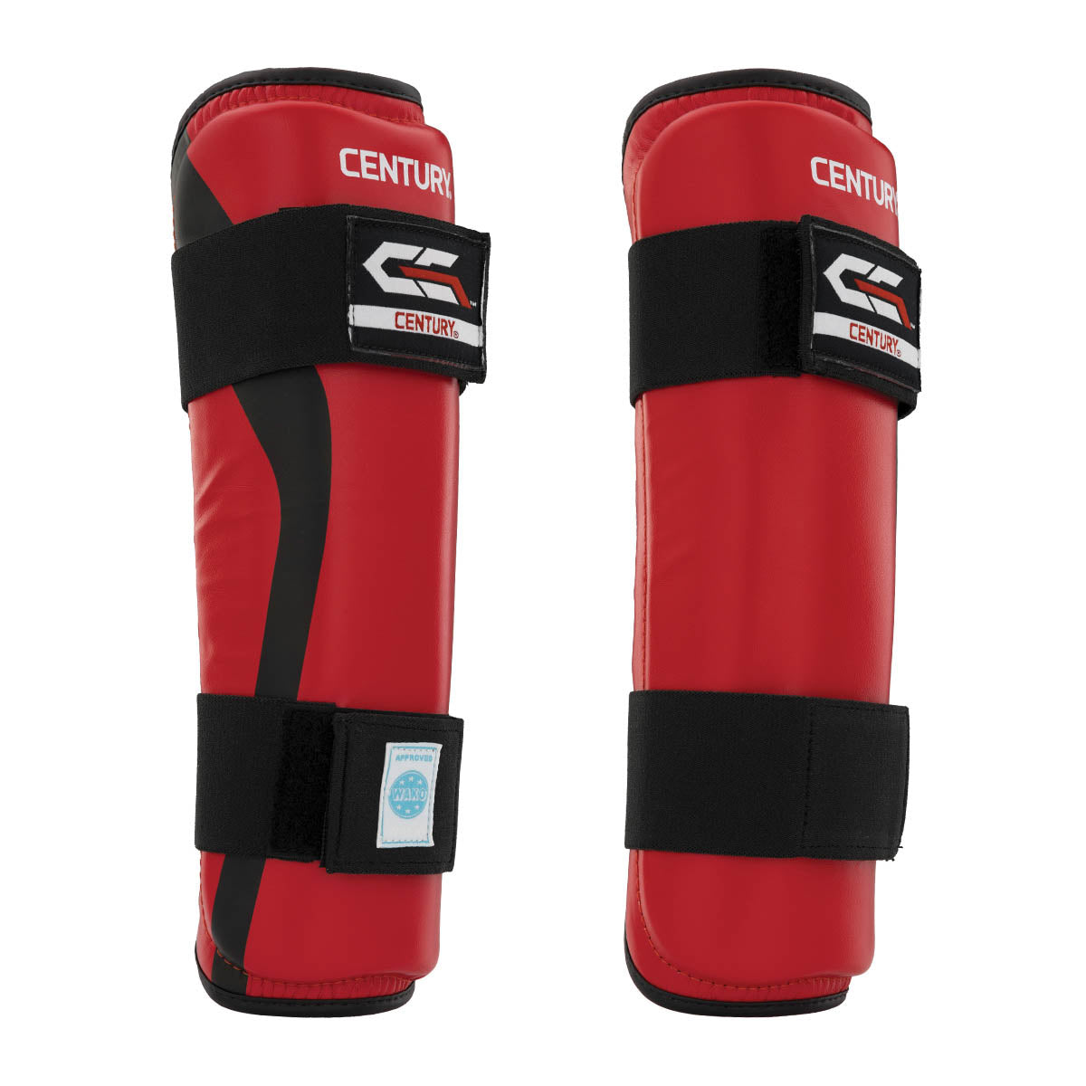 C-Gear determination shin guards, red/black pair, front padding and CENTURY branding