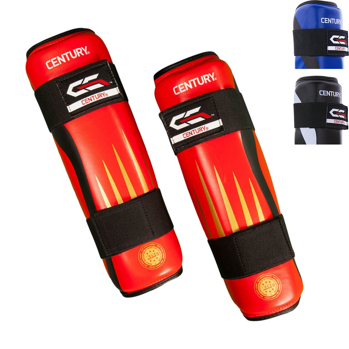 Red and black shin guards with Century logo and hook-and-loop fastening straps