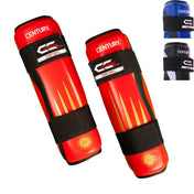 Red and black shin guards with Century logo and hook-and-loop fastening straps