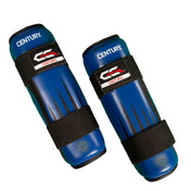 Pair of blue boxing shin guards with black straps and Century branding