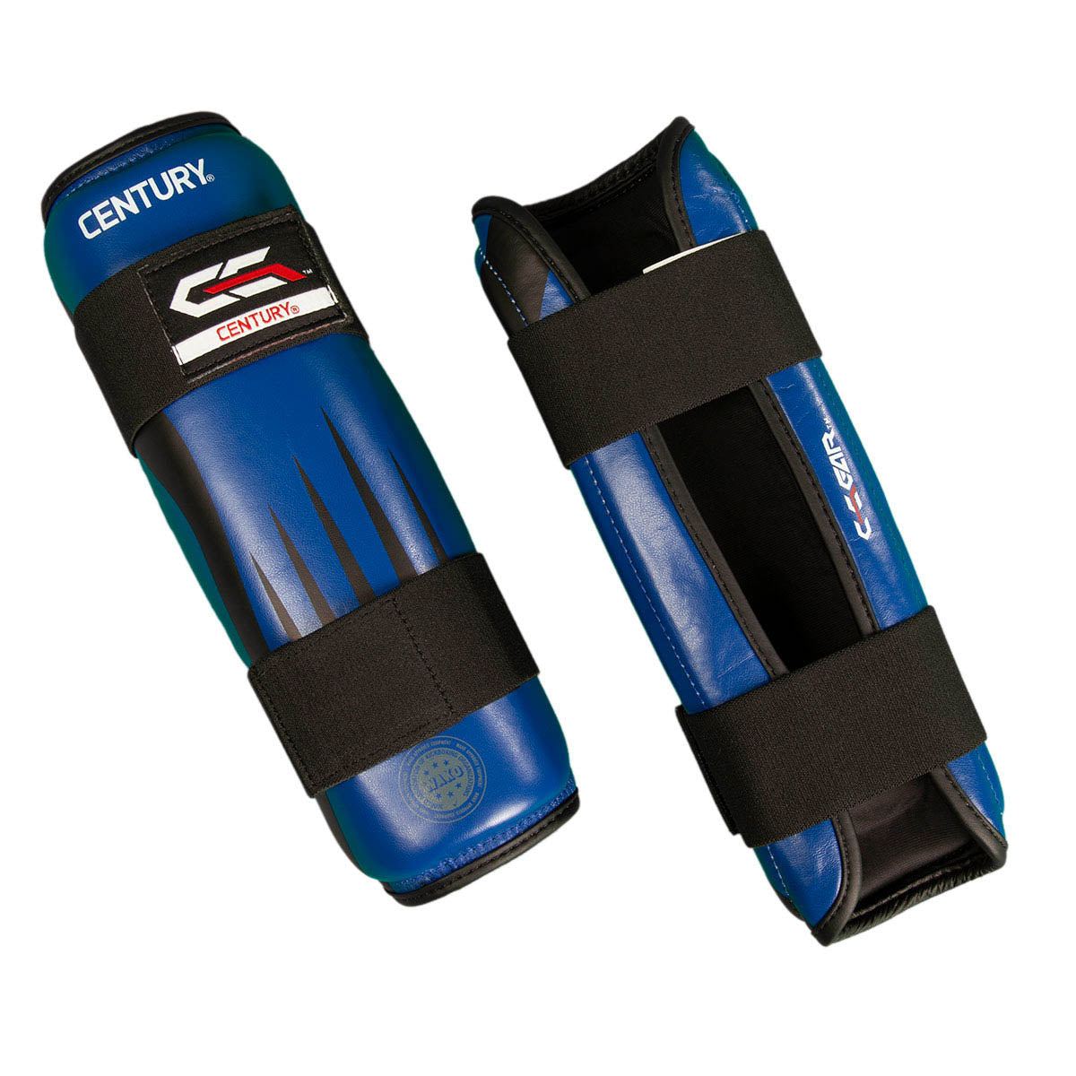 Blue boxing shin guards with black straps and side opening padding