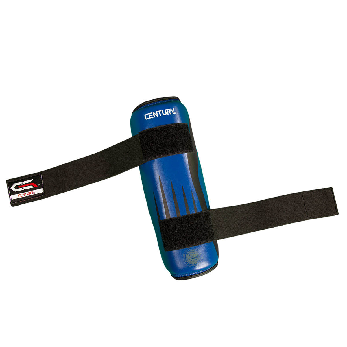 Single blue boxing shin guard with black strap and Century branding