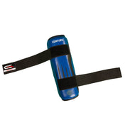 Single blue boxing shin guard with black strap and Century branding