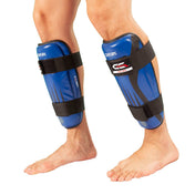 Blue and black shin guards with Century logo and wide hook-and-loop fastening straps