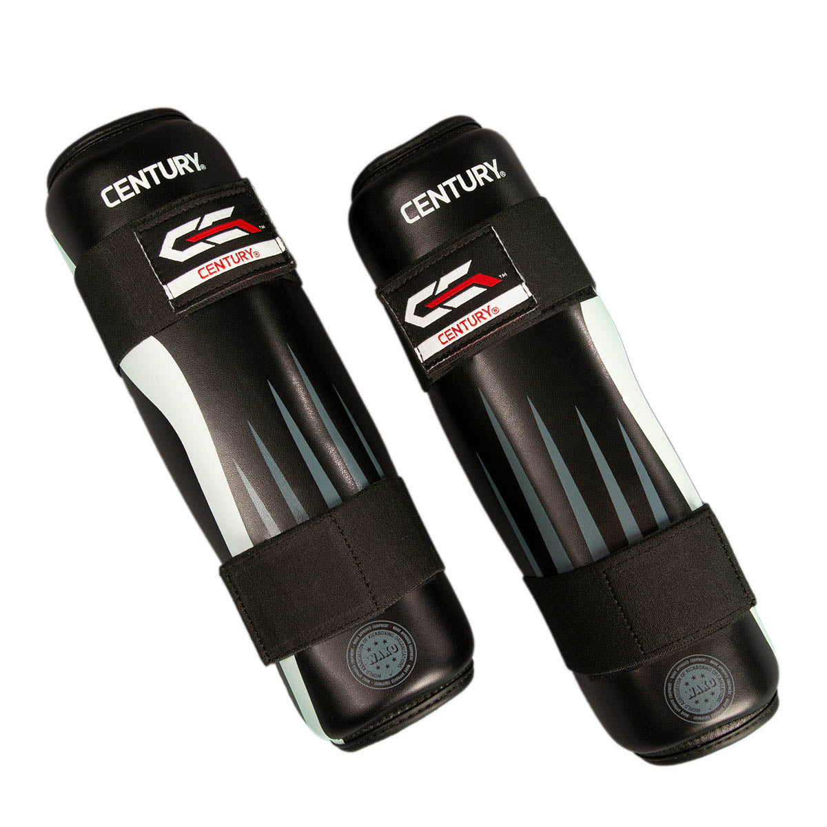 Pair of black boxing shin guards with white stripe panels and black straps