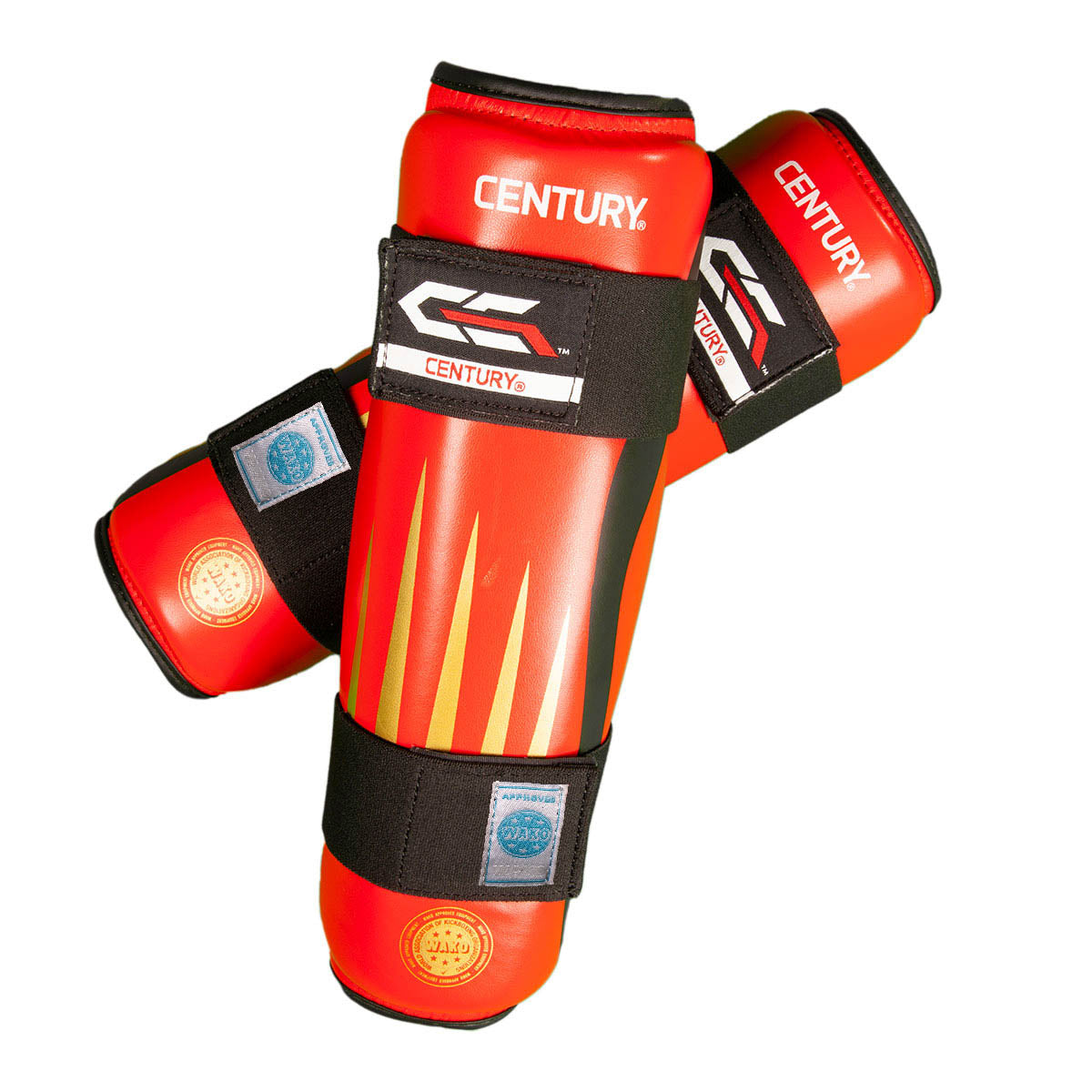 Red and black shin guards with Century logo panels and flame-style stripe padding