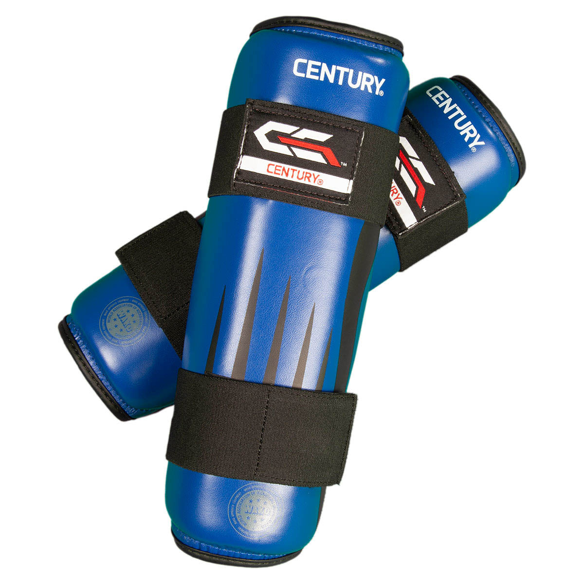 Blue shin guards with black padded strap and Century logo panels