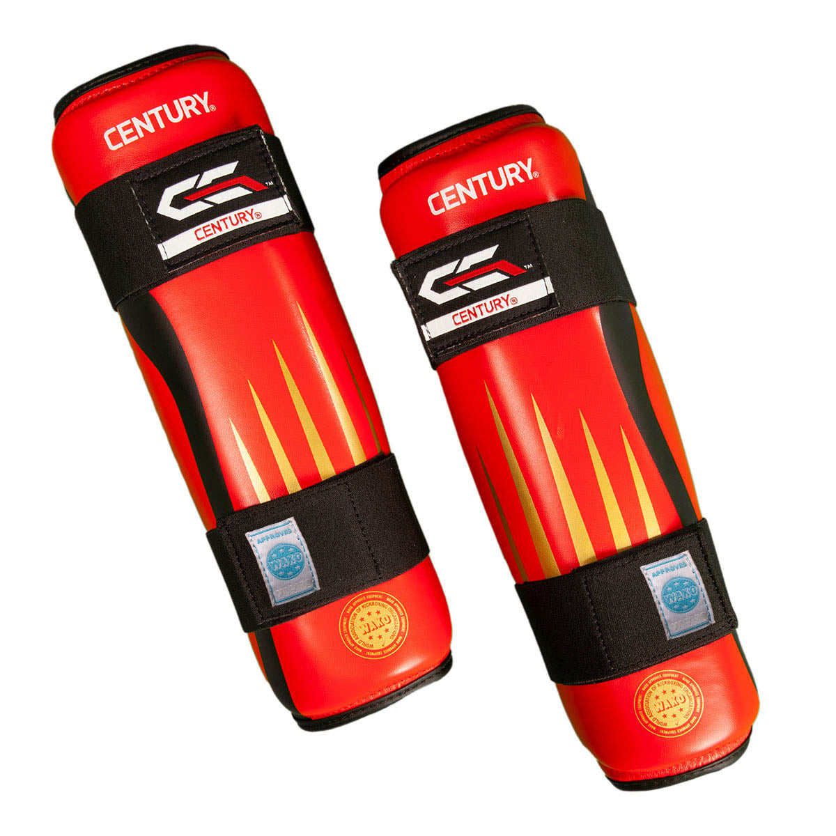 Red and black shin guards set with Century logos and flame stripe design
