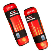 Red and black shin guards set with Century logos and flame stripe design