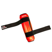 Red and black shin guard with Century logo and wide fastening strap