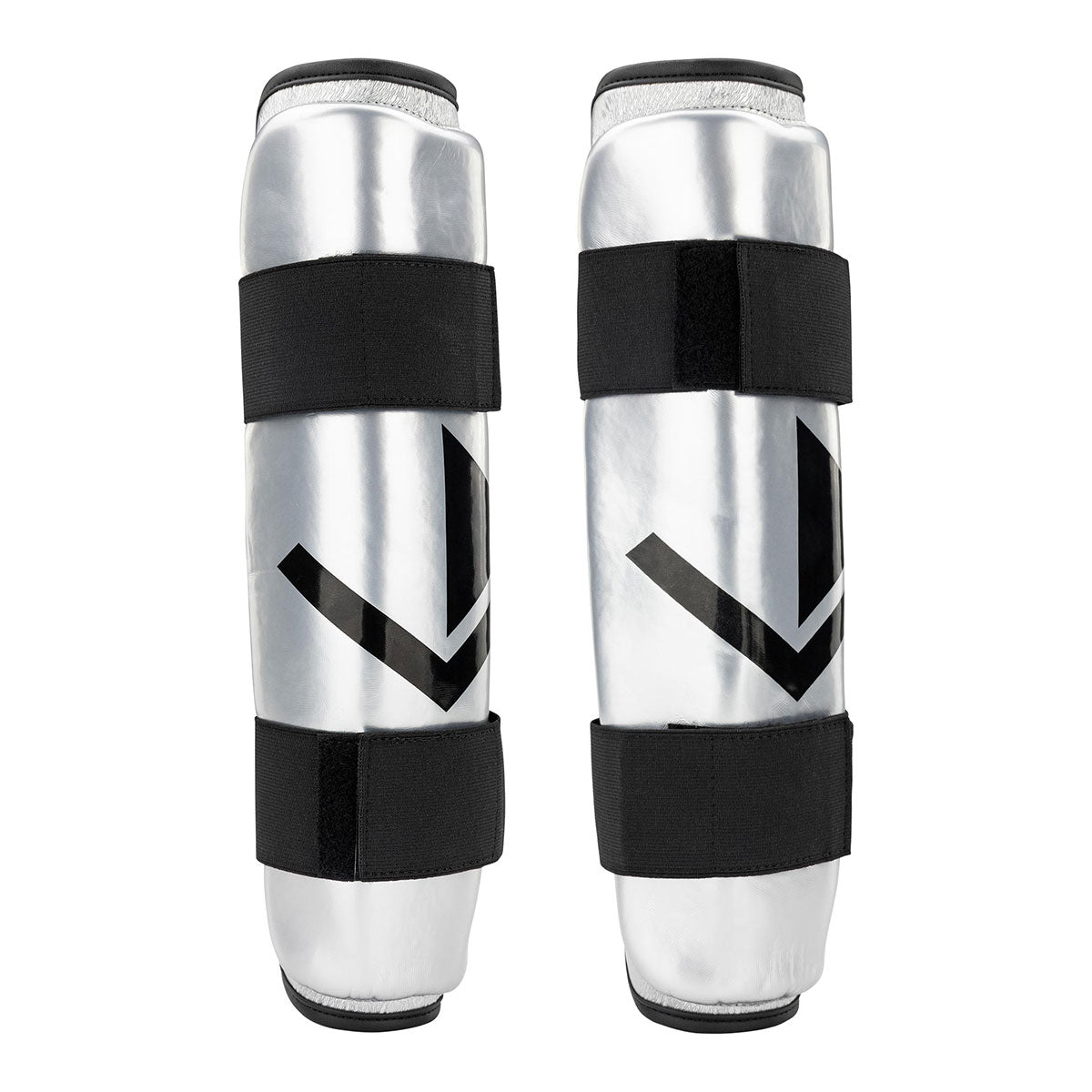 Valor shin guards in silver with white V emblem and three black hook-and-loop straps