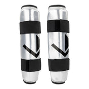 Valor shin guards in silver with white V emblem and three black hook-and-loop straps