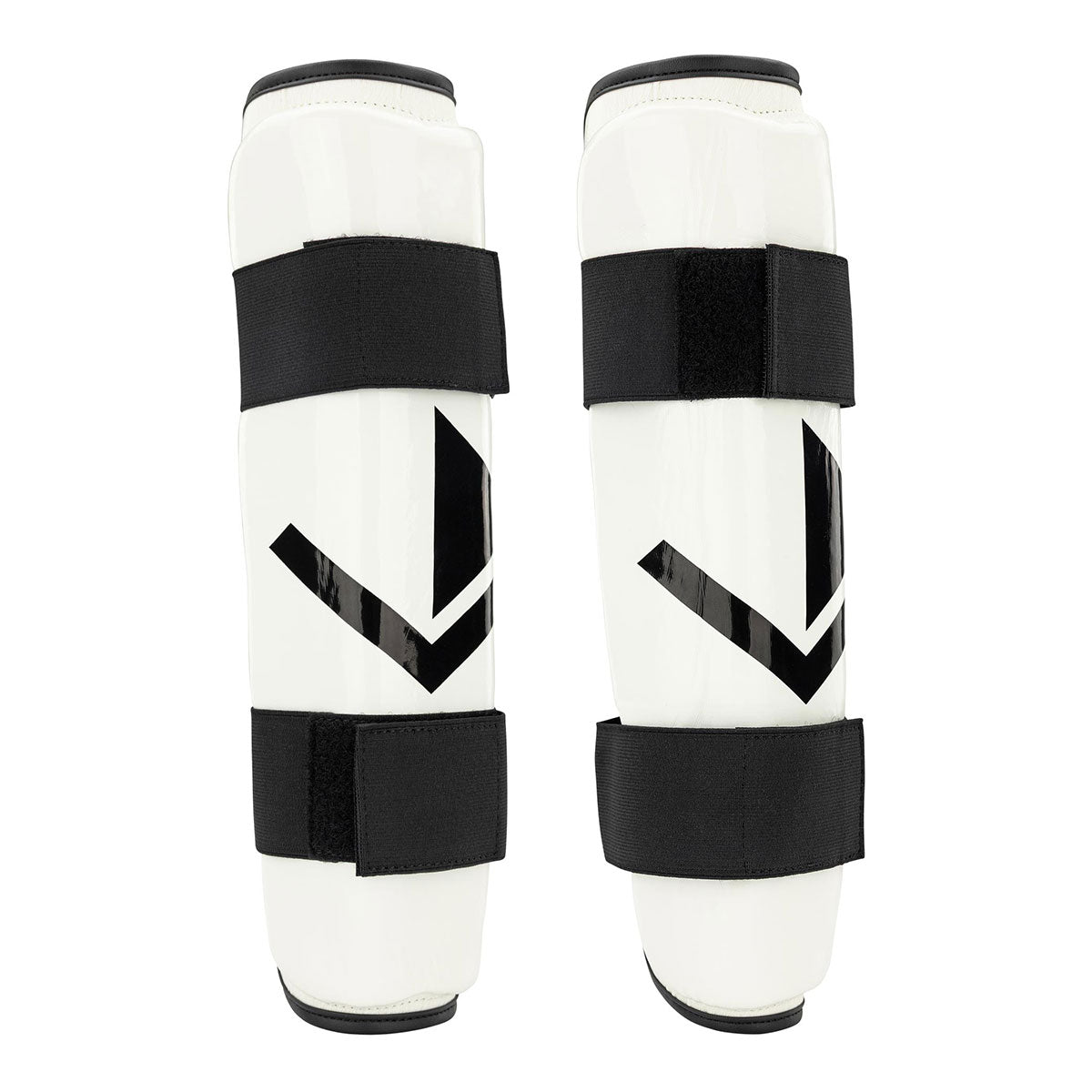 Valor shin guards in white with black V emblem and three hook-and-loop straps